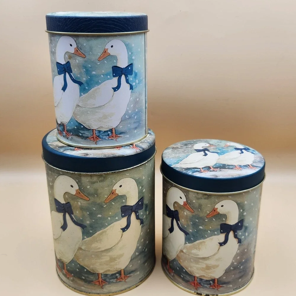 3pc Vintage Blue Ribbon Country Goose Nesting Tin Canisters Cottagecore Granny